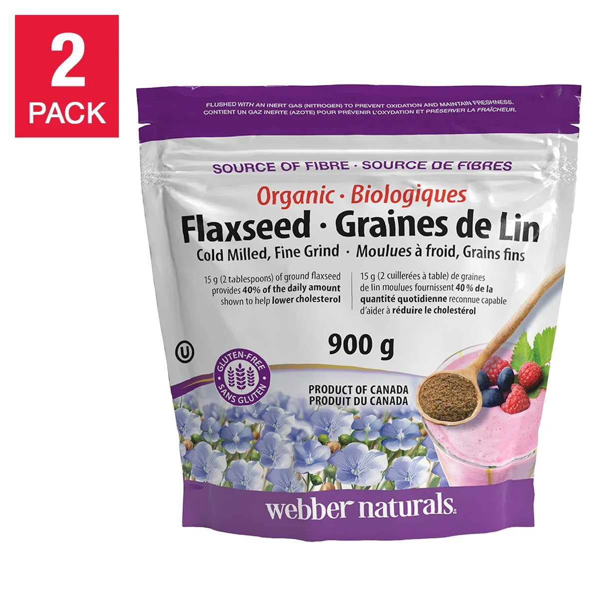 Webber Naturals Organic Cold-Pressed Flaxseed Powder (900g x 2 extra-large packs)