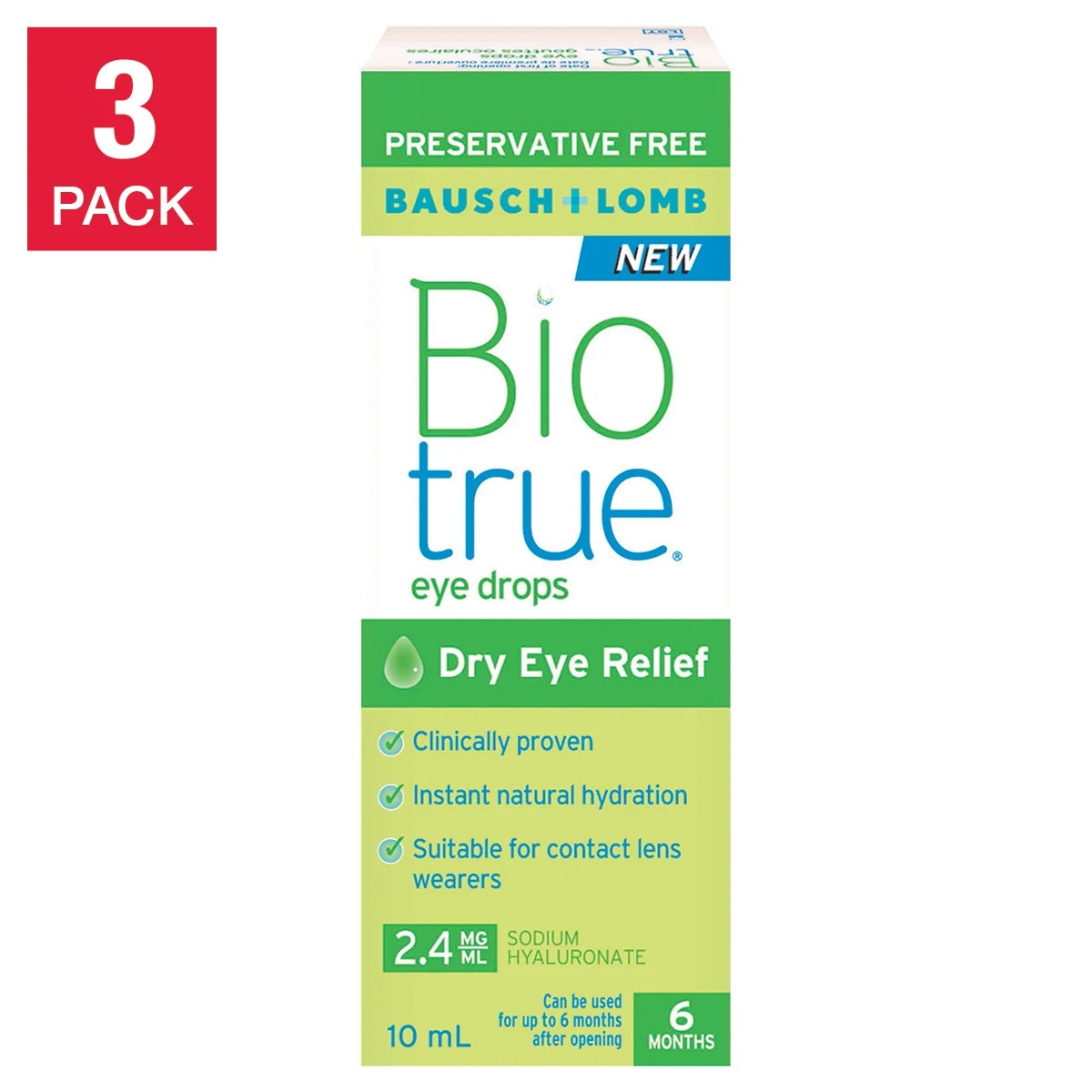 Bausch + Lomb Biotrue Preservative-Free Moisturizing Eye Drops (with Hyaluronic Acid) 30ml (10ml x 3 bottles)